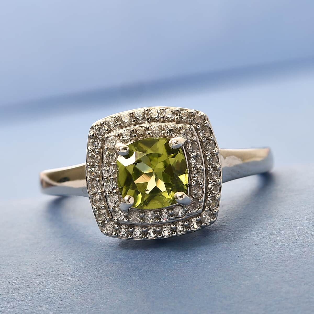 Peridot and Natural White Zircon Double Halo Ring in Platinum Over Sterling Silver (Size 7.0) 1.50 ctw image number 1