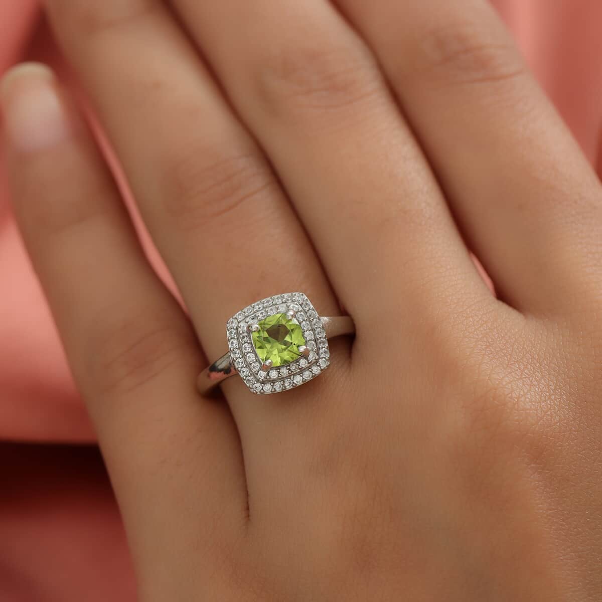 Peridot and Natural White Zircon Double Halo Ring in Platinum Over Sterling Silver (Size 7.0) 1.50 ctw image number 2