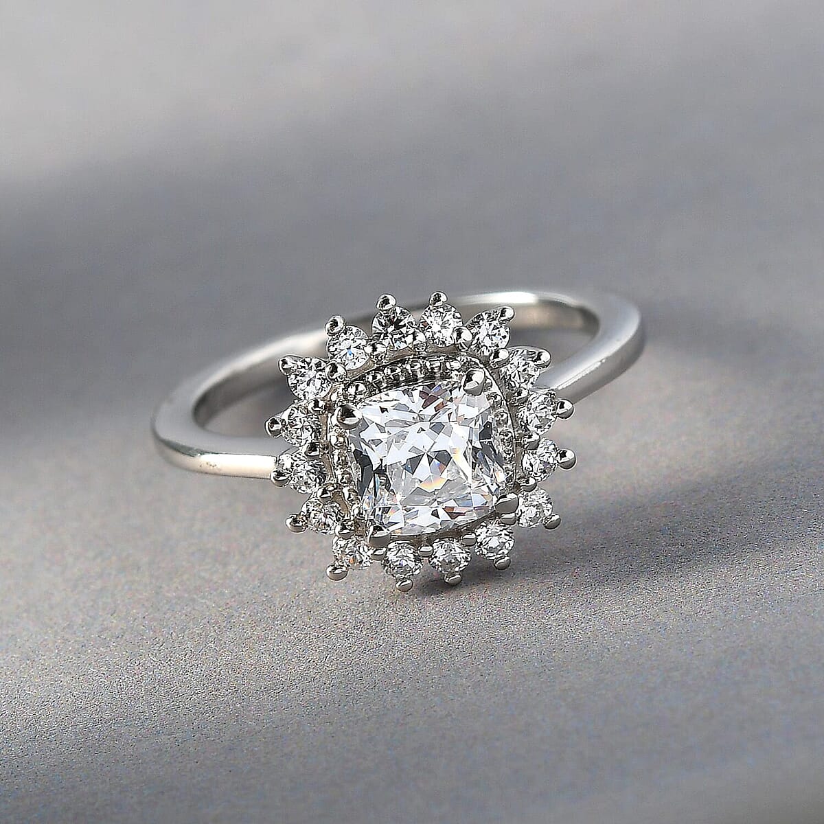 LUSTRO STELLA Platinum Over Sterling Silver Sunburst Ring (Size 6.0) Made with Zirconia (Cush 6x6 mm) from Swarovski 2.70 ctw image number 1