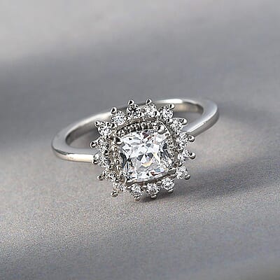 Lustro Stella Made with Finest CZ Sunburst Ring in Platinum Over Sterling Silver (Size 10.0) 2.70 ctw