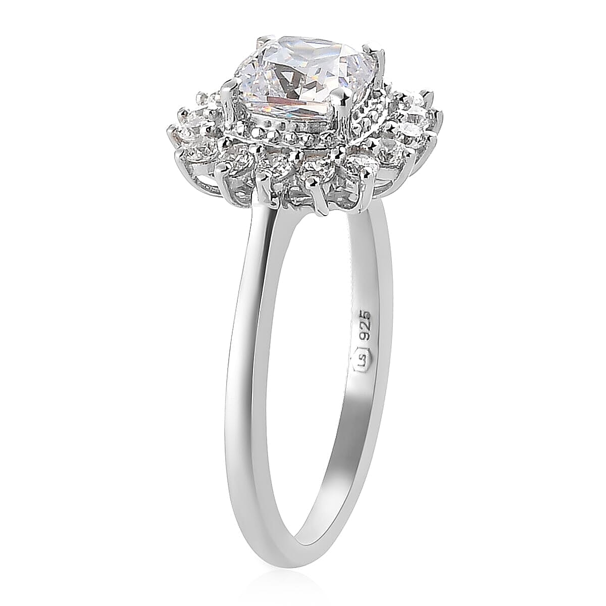 LUSTRO STELLA Platinum Over Sterling Silver Sunburst Ring (Size 6.0) Made with Zirconia (Cush 6x6 mm) from Swarovski 2.70 ctw image number 3