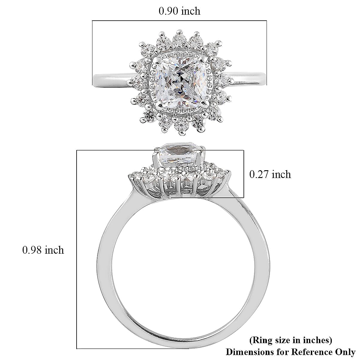 LUSTRO STELLA Platinum Over Sterling Silver Sunburst Ring (Size 6.0) Made with Zirconia (Cush 6x6 mm) from Swarovski 2.70 ctw image number 5
