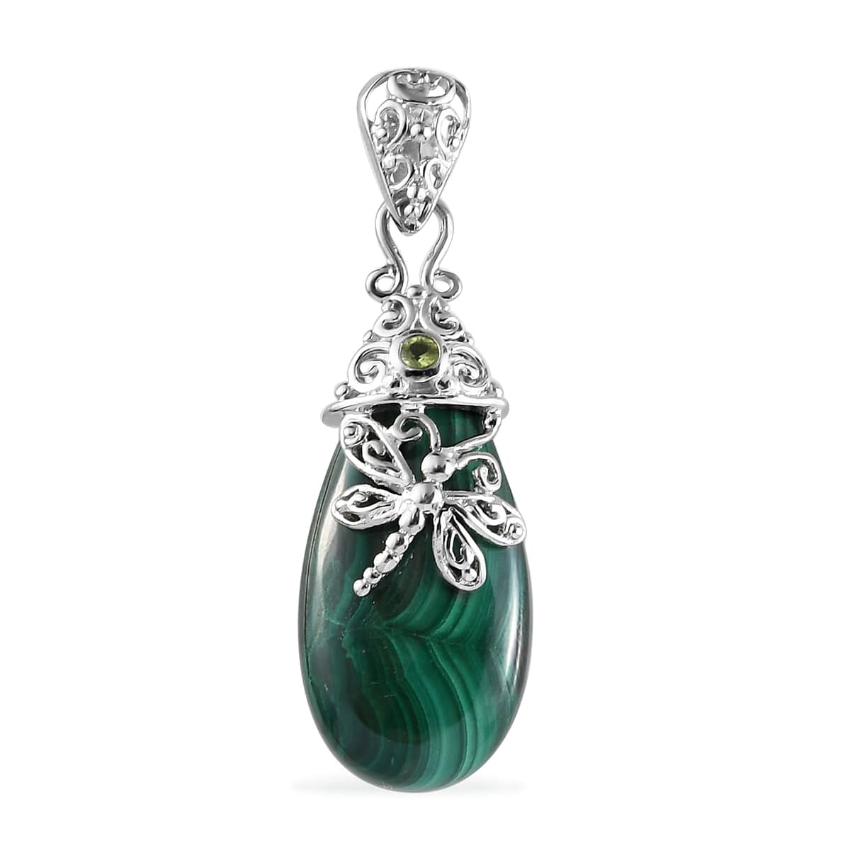 African Malachite and Peridot Dragonfly Pendant in Platinum Over Copper 24.40 ctw image number 0