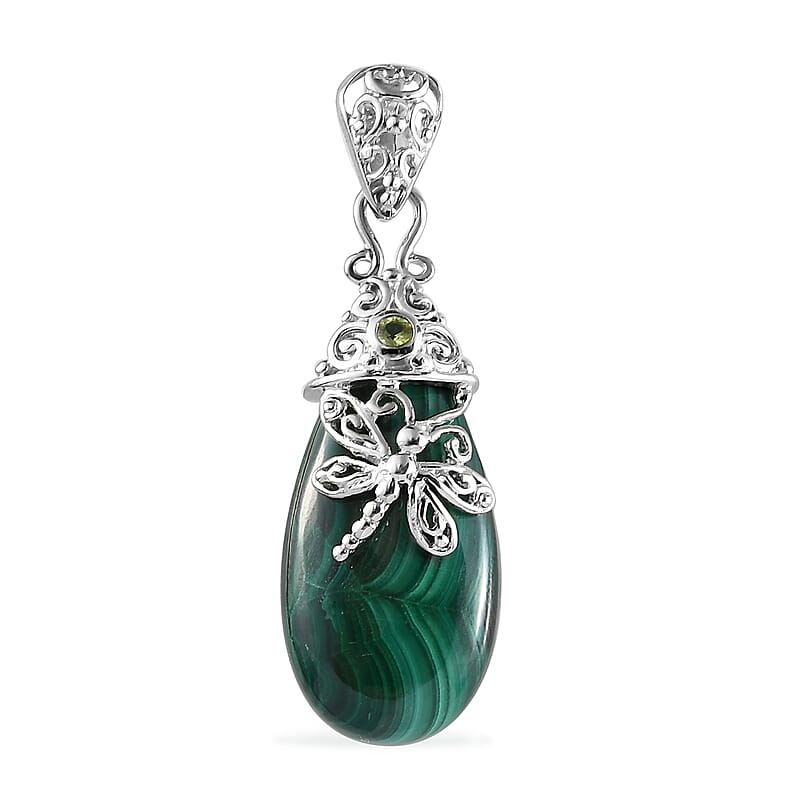 African Malachite and Peridot Dragonfly Pendant in Platinum Over Copper 24.40 ctw