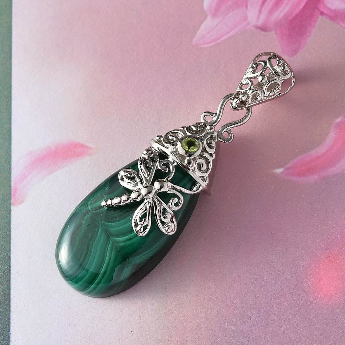 African Malachite and Peridot Dragonfly Pendant in Platinum Over Copper 24.40 ctw image number 1