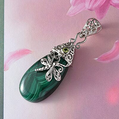 African Malachite and Peridot Dragonfly Pendant in Platinum Over Copper 24.40 ctw