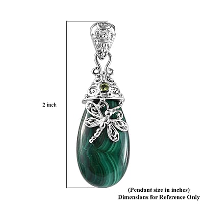 African Malachite and Peridot Dragonfly Pendant in Platinum Over Copper 24.40 ctw