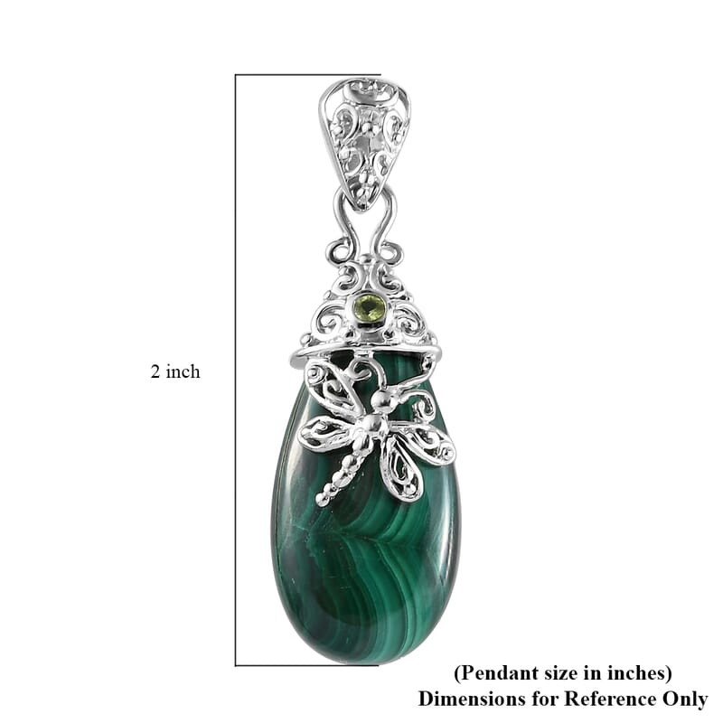 African Malachite and Peridot Dragonfly Pendant in Platinum Over Copper 24.40 ctw