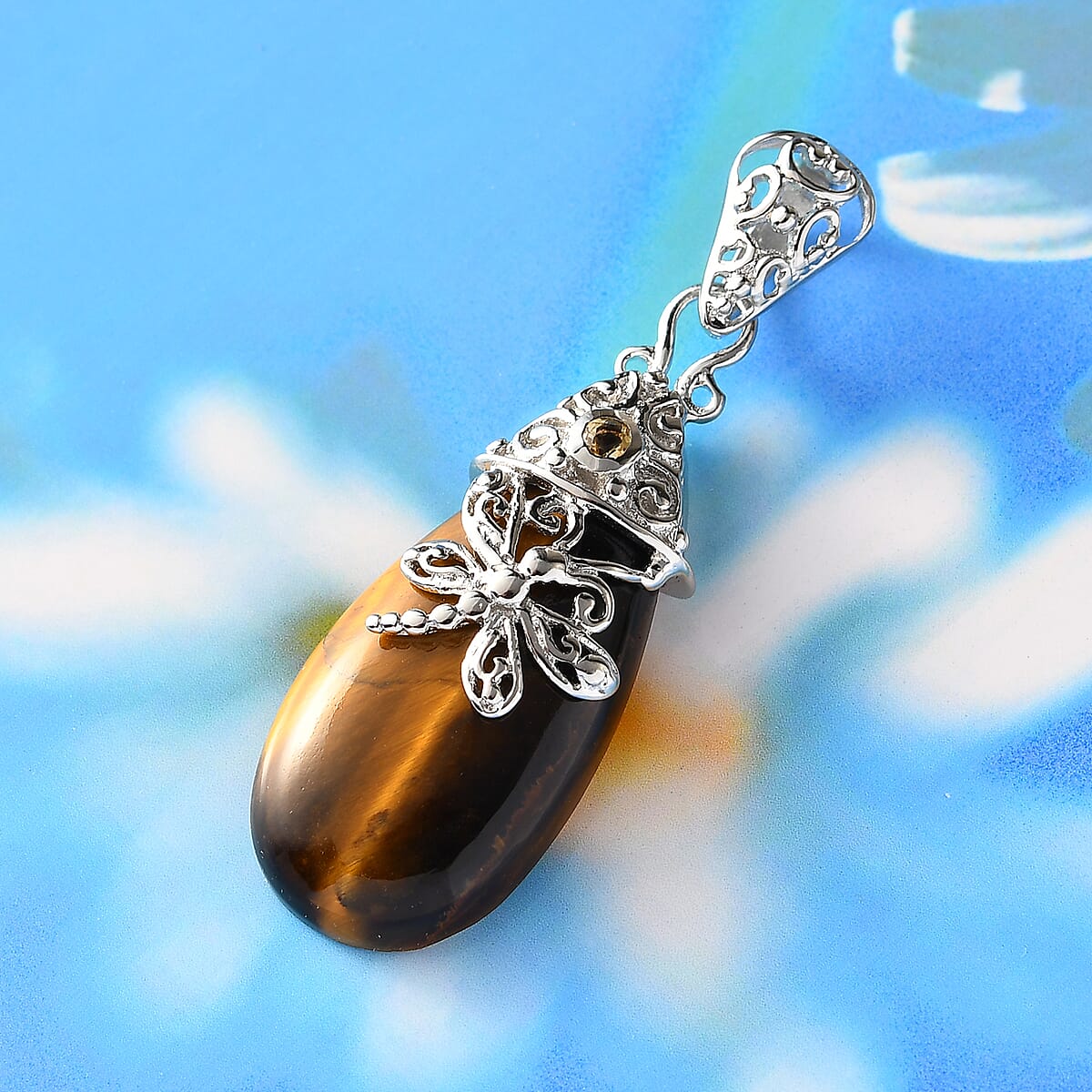Tiger's Eye and Brazilian Citrine Dragonfly Pendant in Platinum Over Copper 20.75 ctw image number 1