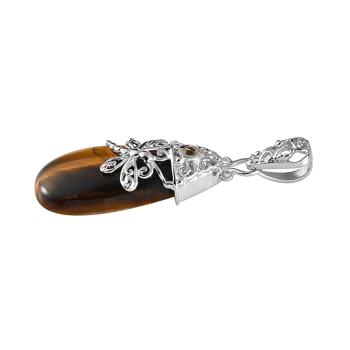 Tiger's Eye and Brazilian Citrine Dragonfly Pendant in Platinum Over Copper 20.75 ctw image number 2