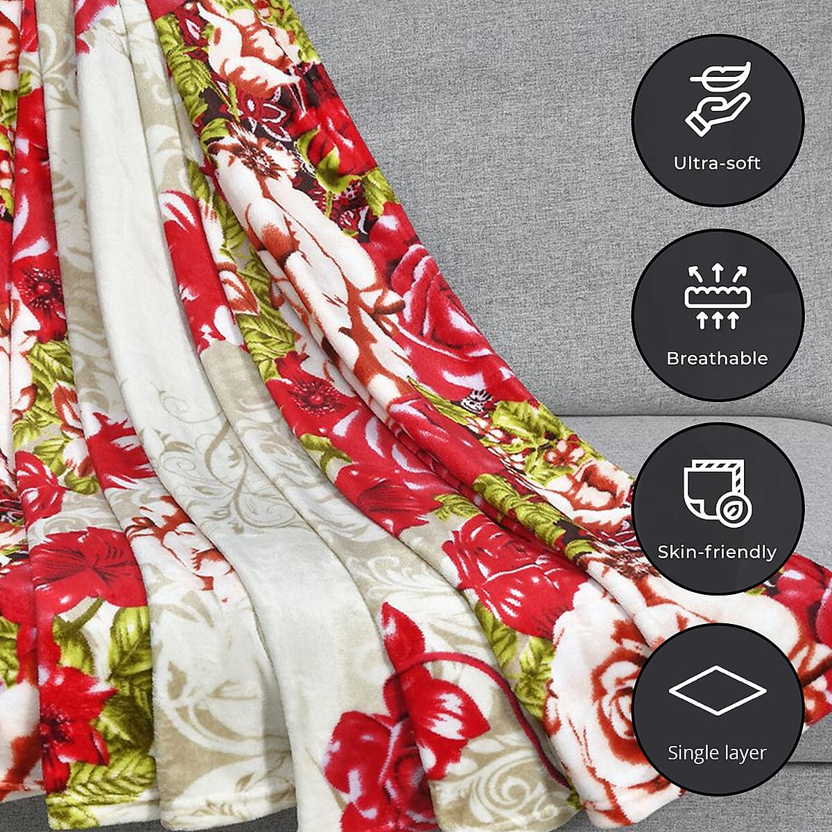 Homesmart Red and White Blooming Flower Pattern Flannel Single Layer Blanket , Polyester Printing Blanket , All Weather Trip Blanket , Spring Throw Blanket image number 1