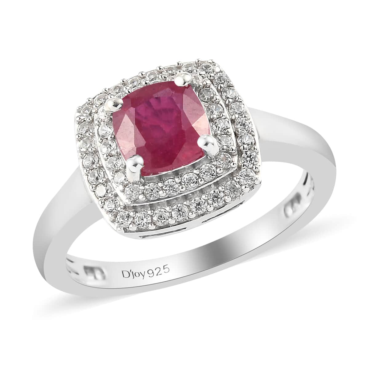 Niassa Ruby and Natural White Zircon Double Halo Ring in Platinum Over Sterling Silver (Size 7.0) 2.00 ctw image number 0