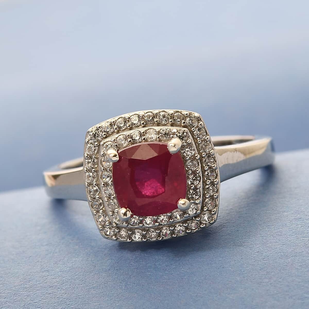 Niassa Ruby and Natural White Zircon Double Halo Ring in Platinum Over Sterling Silver (Size 7.0) 2.00 ctw image number 1