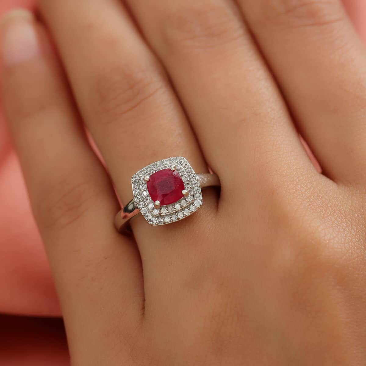 Niassa Ruby and Natural White Zircon Double Halo Ring in Platinum Over Sterling Silver (Size 7.0) 2.00 ctw image number 2