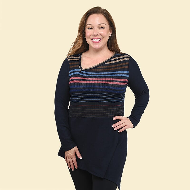 Tamsy Navy Multicolor Striped Asymmetrical Sweater - Large