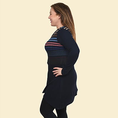 Tamsy Navy Multicolor Striped Asymmetrical Sweater - Large