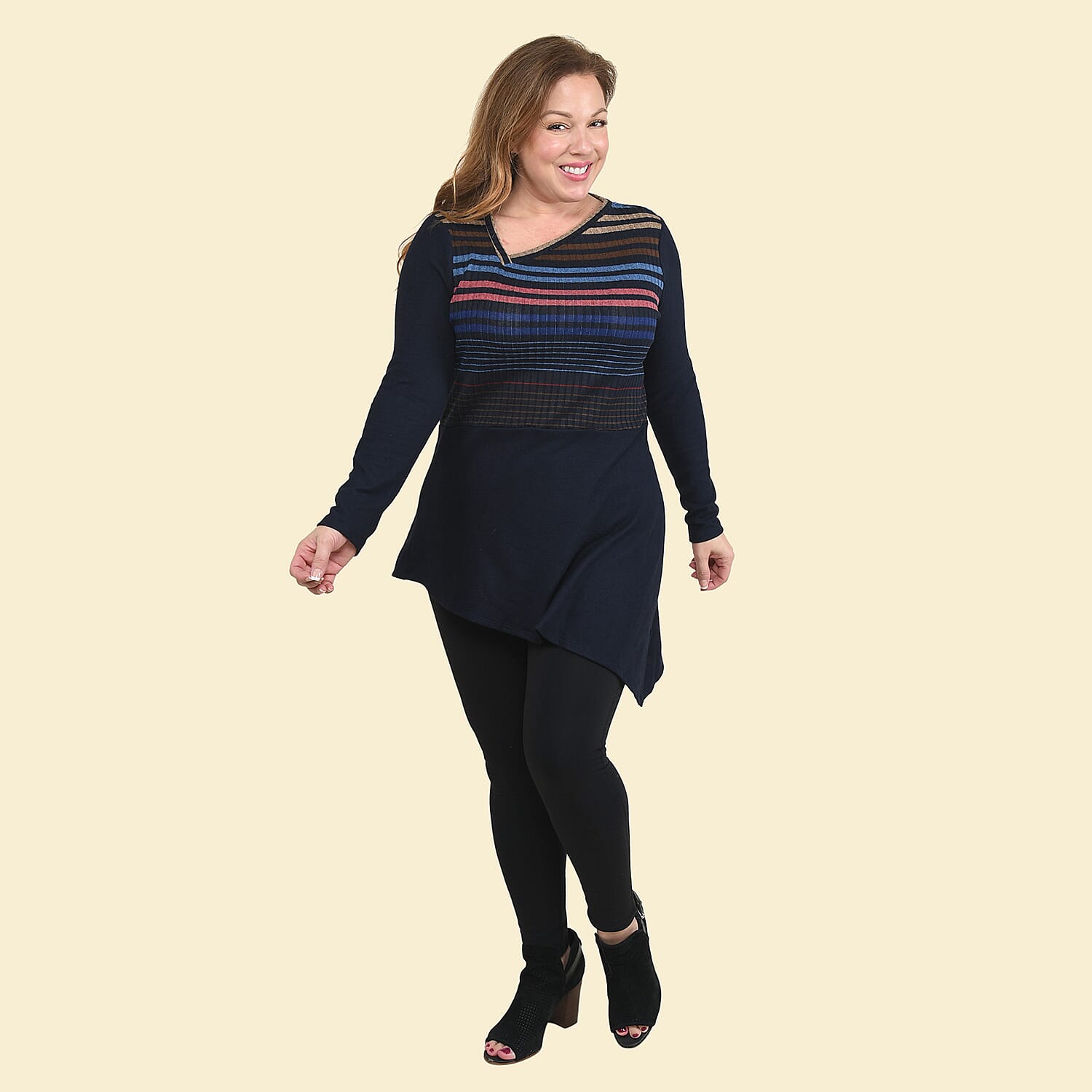 Tamsy Navy Multicolor Striped Asymmetrical Sweater - Large