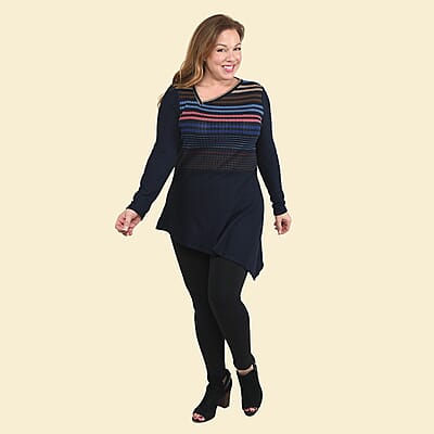 Tamsy Navy Multicolor Striped Asymmetrical Sweater - Large