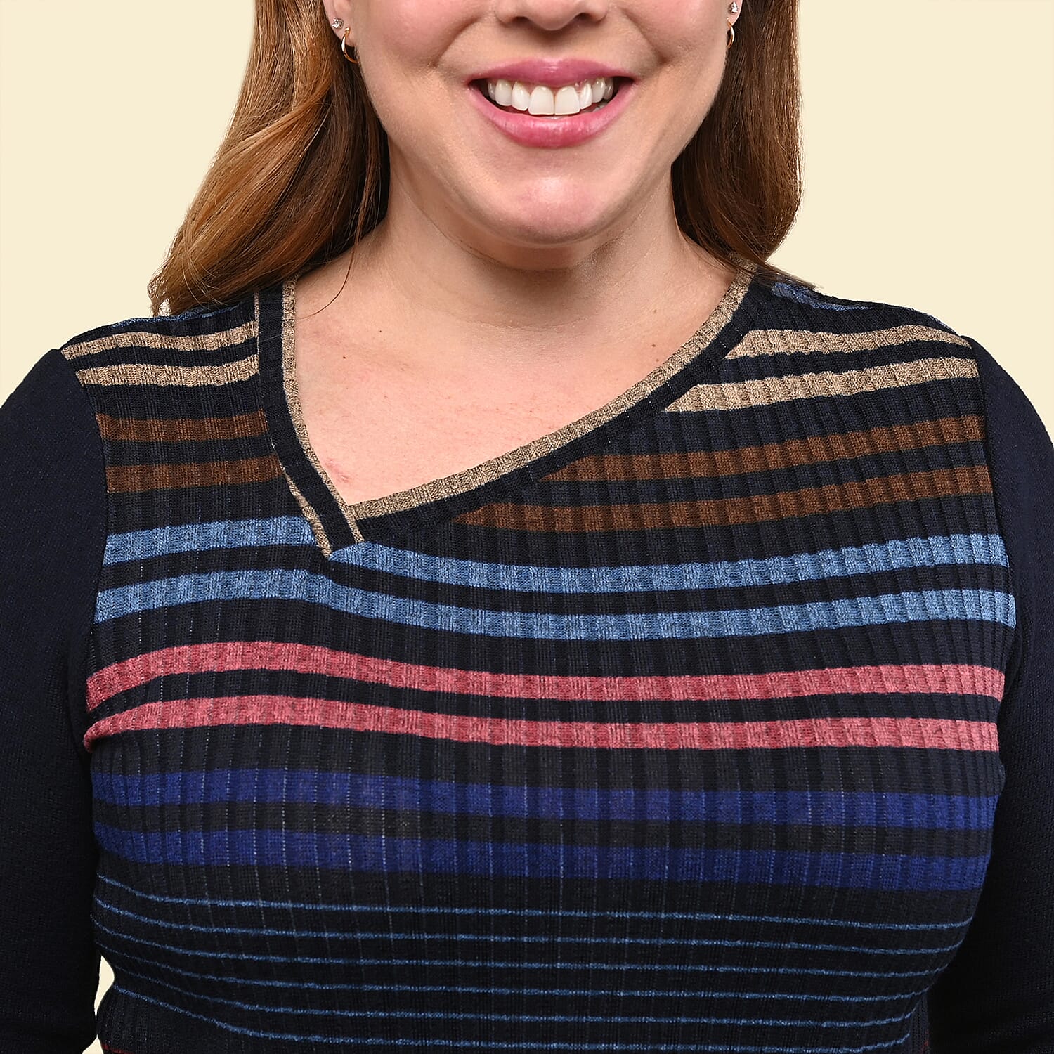 Tamsy Navy Multicolor Striped Asymmetrical Sweater - Large