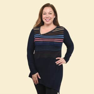 Tamsy Navy Multicolor Striped Asymmetrical Sweater - Medium