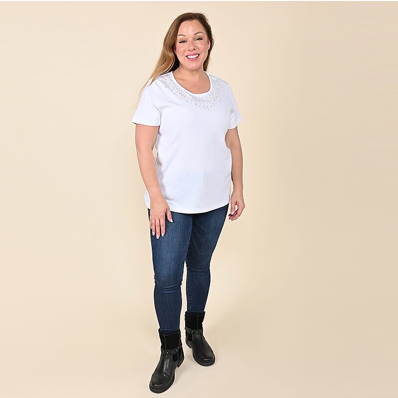 Tamsy White Knit Shirt with Embellished Neck - Large