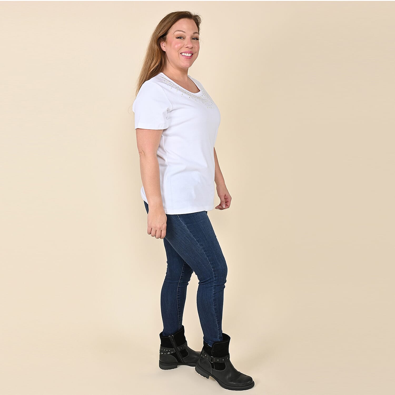 Tamsy White Knit Shirt with Embellished Neck - Large