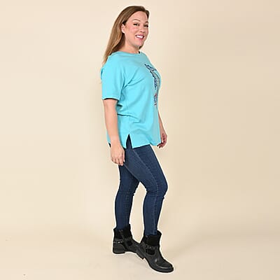 Tamsy Turquoise Knit Crystal Seahorse T-Shirt Large