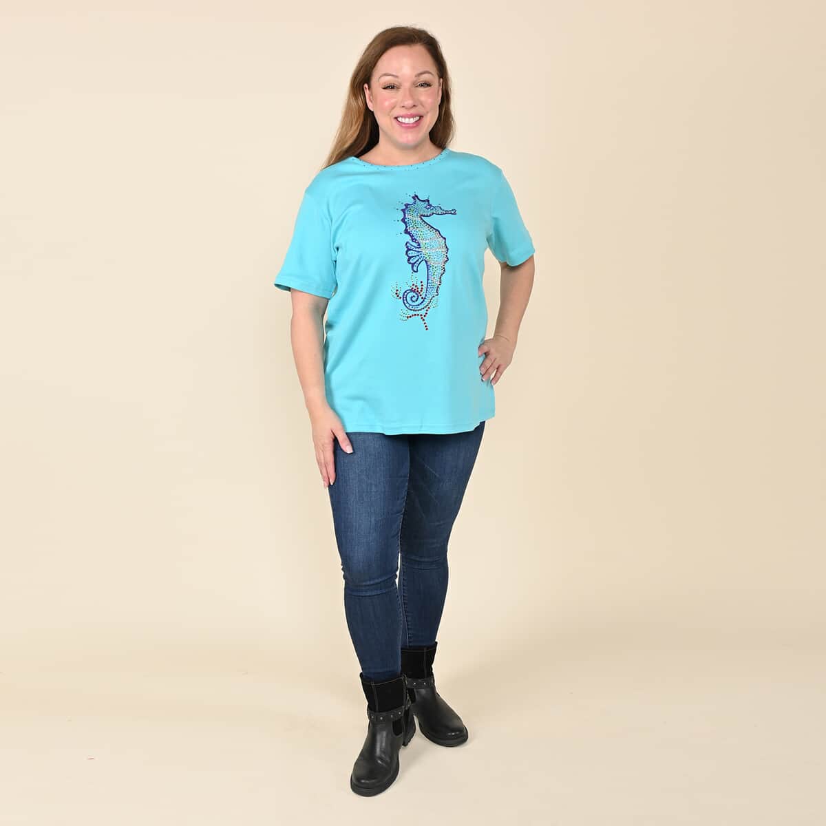 Tamsy Turquoise Knit Crystal Seahorse T-Shirt - Medium image number 0