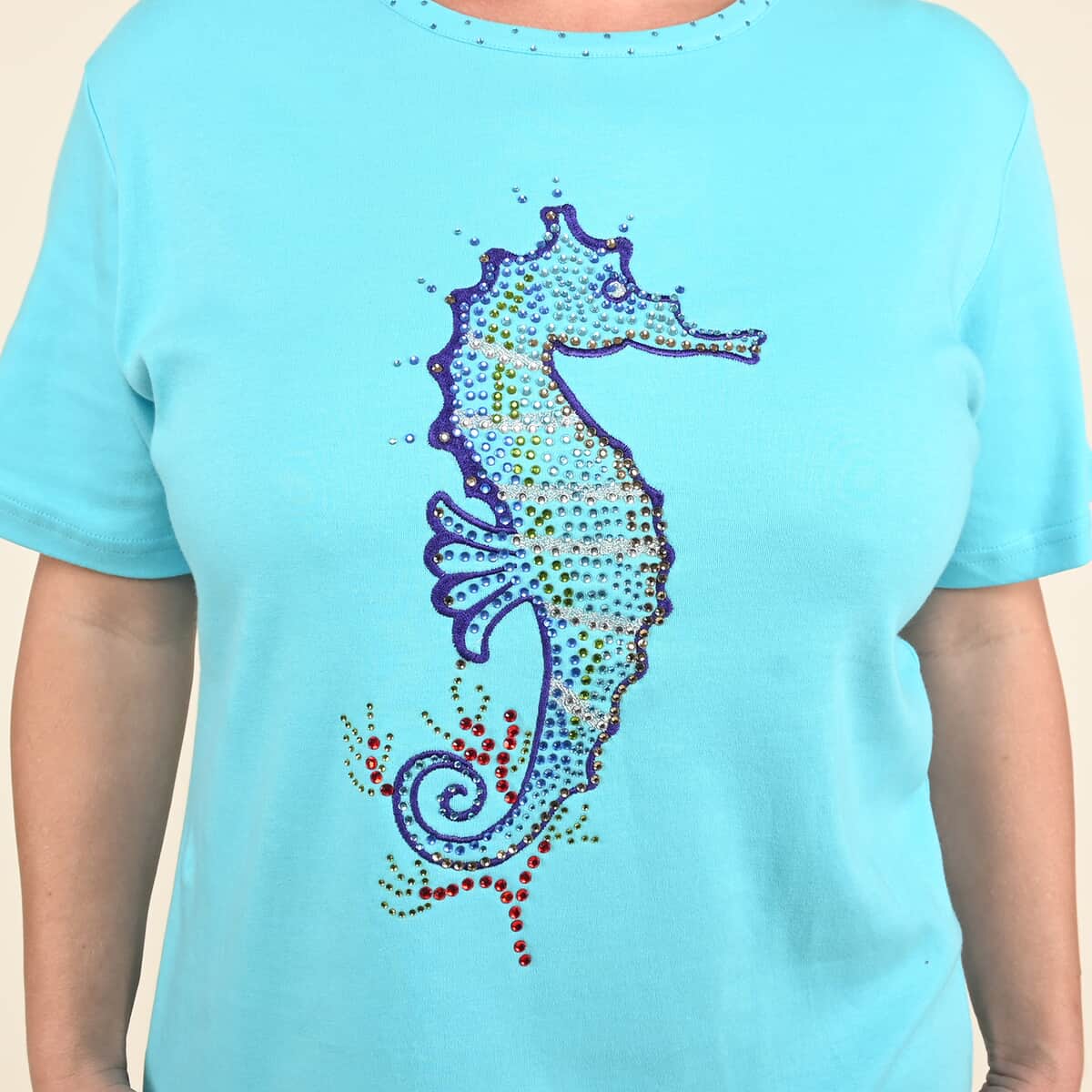 Tamsy Turquoise Knit Crystal Seahorse T-Shirt Small image number 3