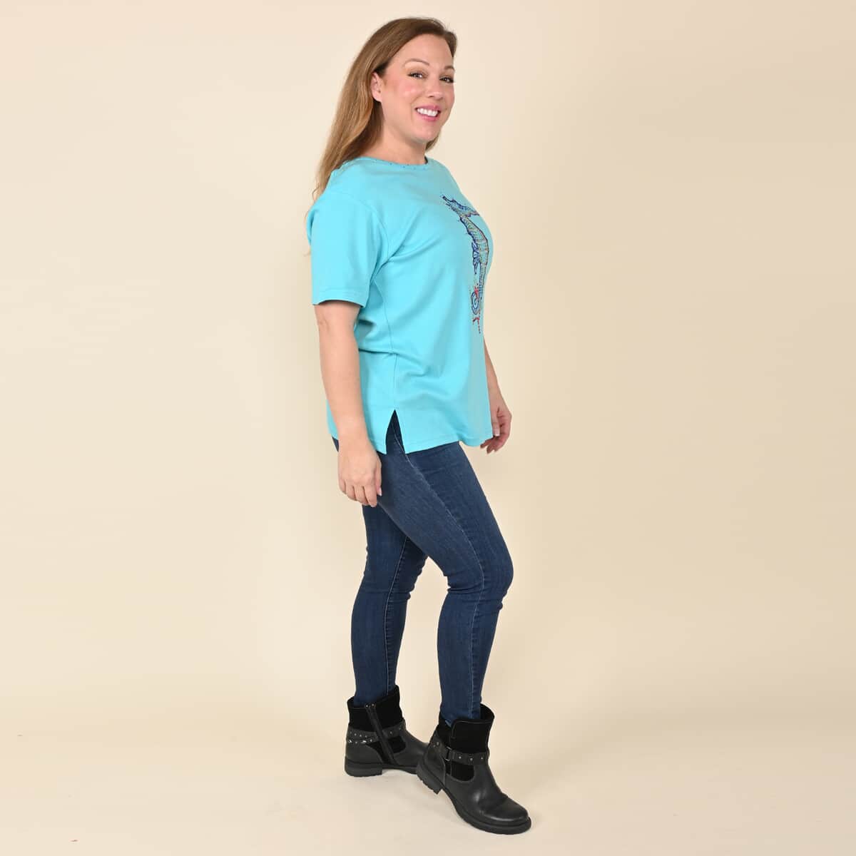 Tamsy Turquoise Knit Crystal Seahorse T-Shirt - XL image number 2