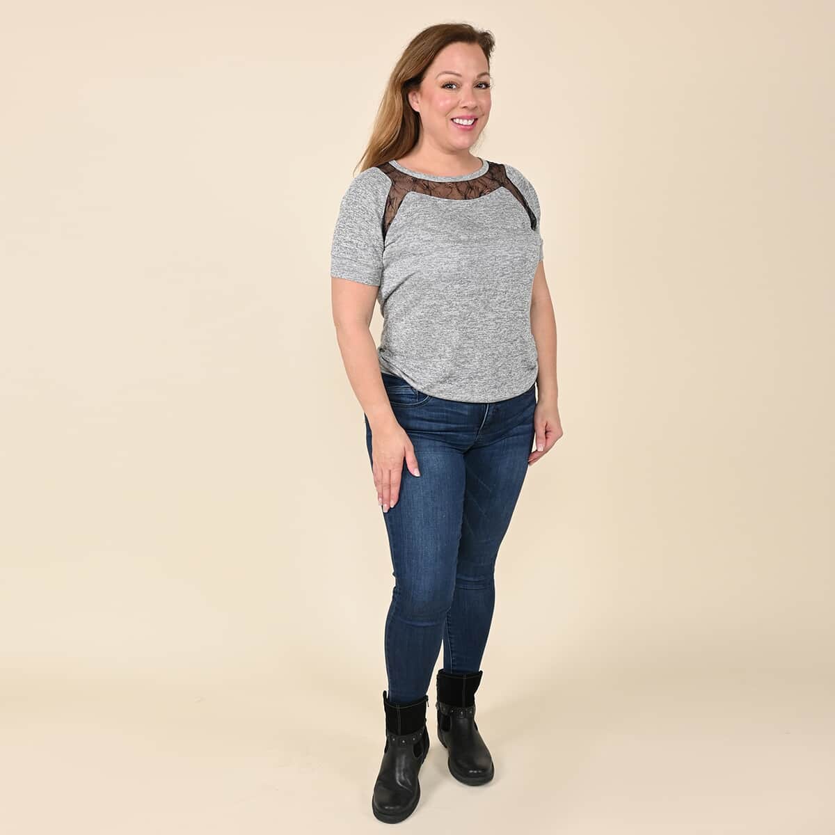 Tamsy Gray Knit Shirt with Black Lace Inlay - Large image number 0