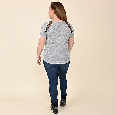 Tamsy Gray Knit Shirt with Black Lace Inlay - Large