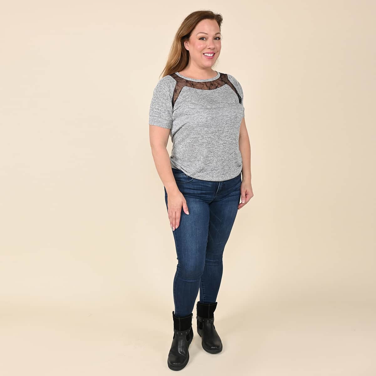 Tamsy Gray Knit Shirt with Black Lace Inlay - Medium image number 0