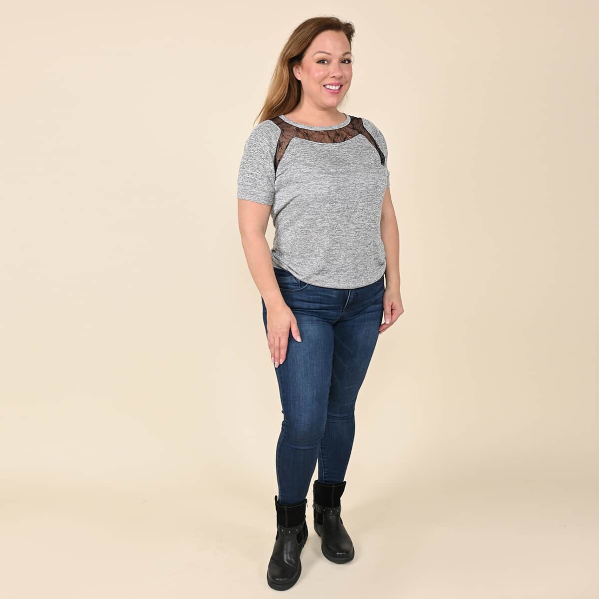Tamsy Gray Knit Shirt with Black Lace Inlay - XL image number 0