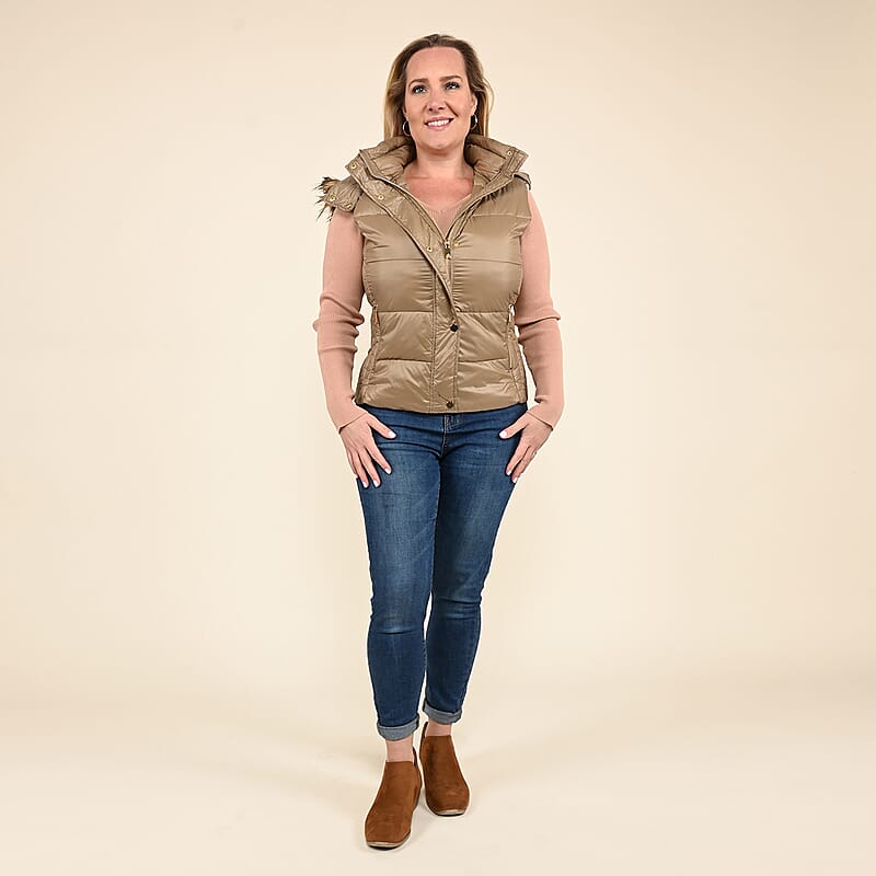 Tamsy Beige Puffer Vest with Faux Fur Hood- Large