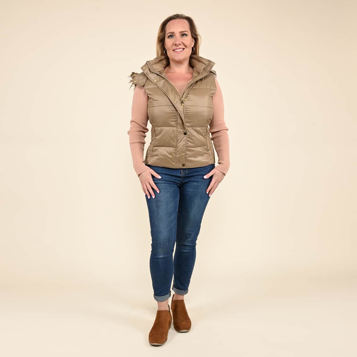 TAMSY Beige Puffer Vest with Faux Fur Hood Large image number 0