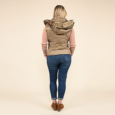 Tamsy Beige Puffer Vest with Faux Fur Hood- Large