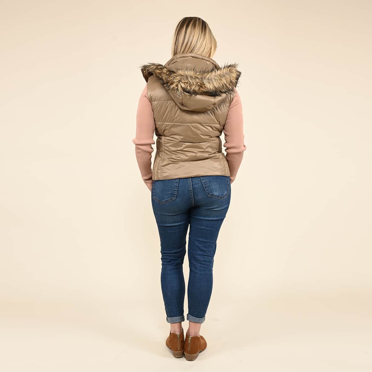 Tamsy Beige Puffer Vest with Faux Fur Hood- Large image number 1