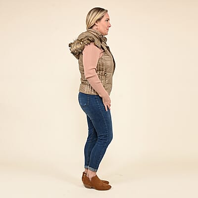 Tamsy Beige Puffer Vest with Faux Fur Hood- Large