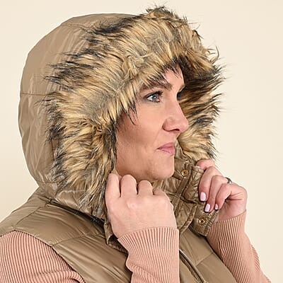 Tamsy Beige Puffer Vest with Faux Fur Hood- Large