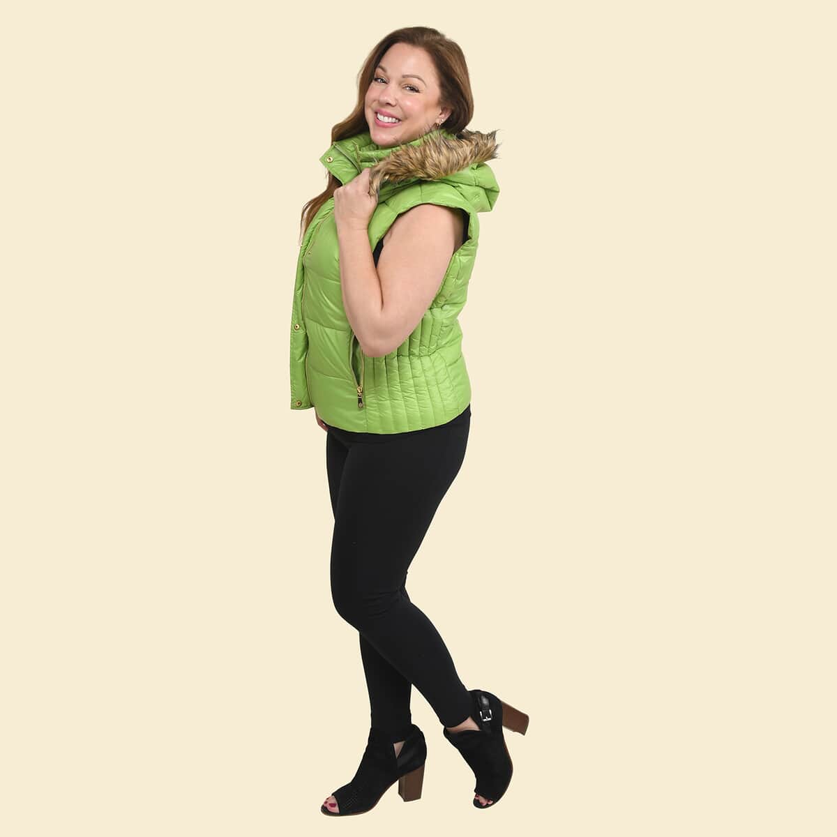 Tamsy Green Puffer Vest with Faux Fur Hood - Large image number 3