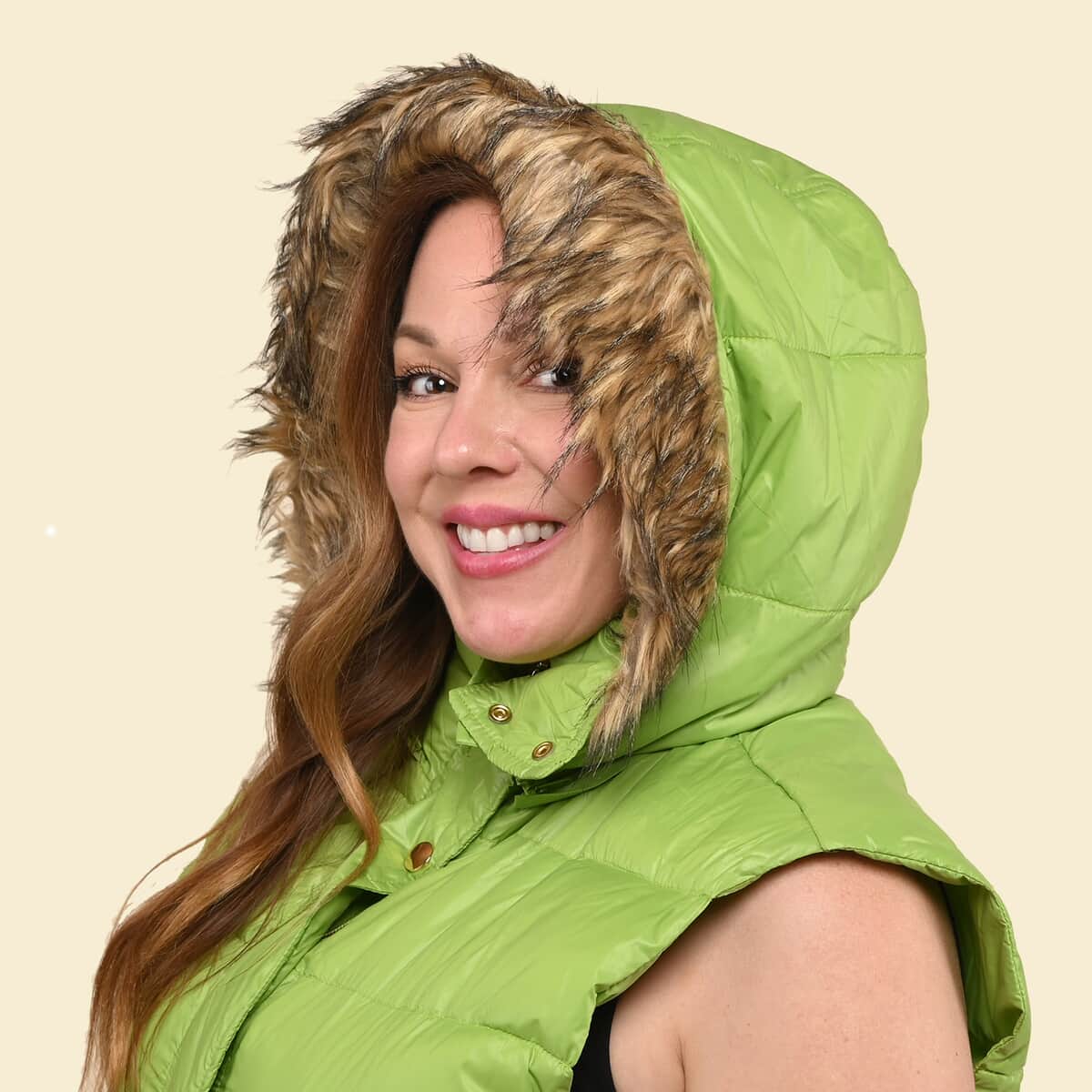 Tamsy Green Puffer Vest with Faux Fur Hood - Large image number 4