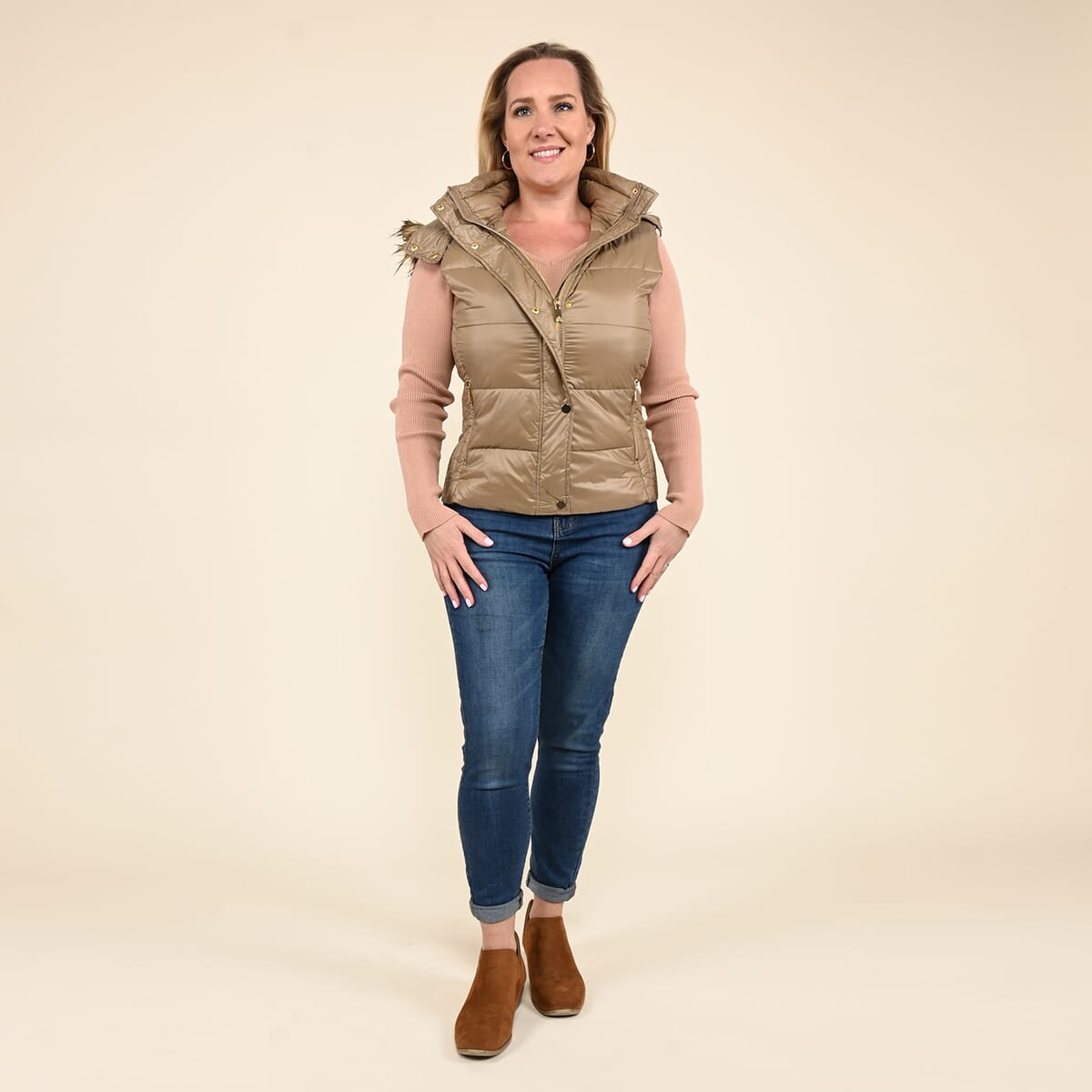 Tamsy Beige Puffer Vest with Faux Fur Hood - XL image number 0