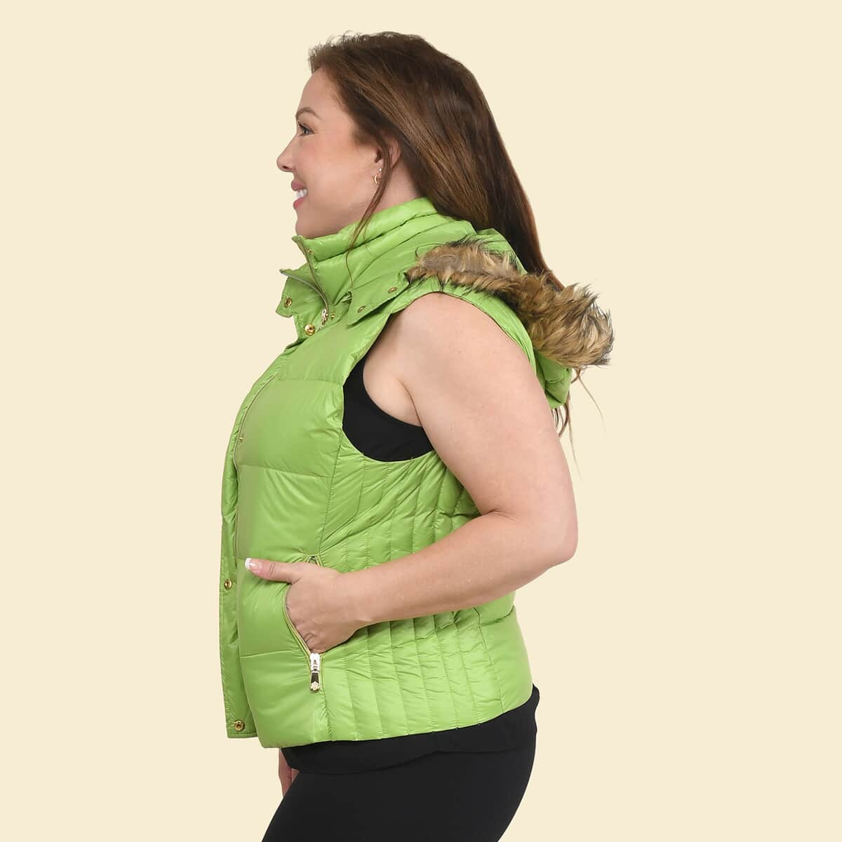 Tamsy Green Puffer Vest with Faux Fur Hood - XL image number 2