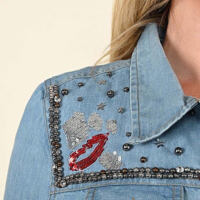 Tamsy Denim Jacket with Crystal Embellishments - Large | Women's Winter Jacket | Ladies Jean Jacket