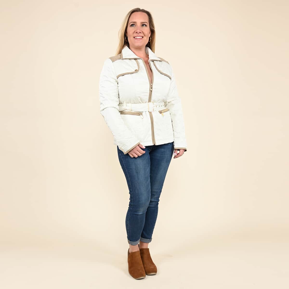 TAMSY White Quilted Jacket with Belt and Stand Collar - Large image number 0