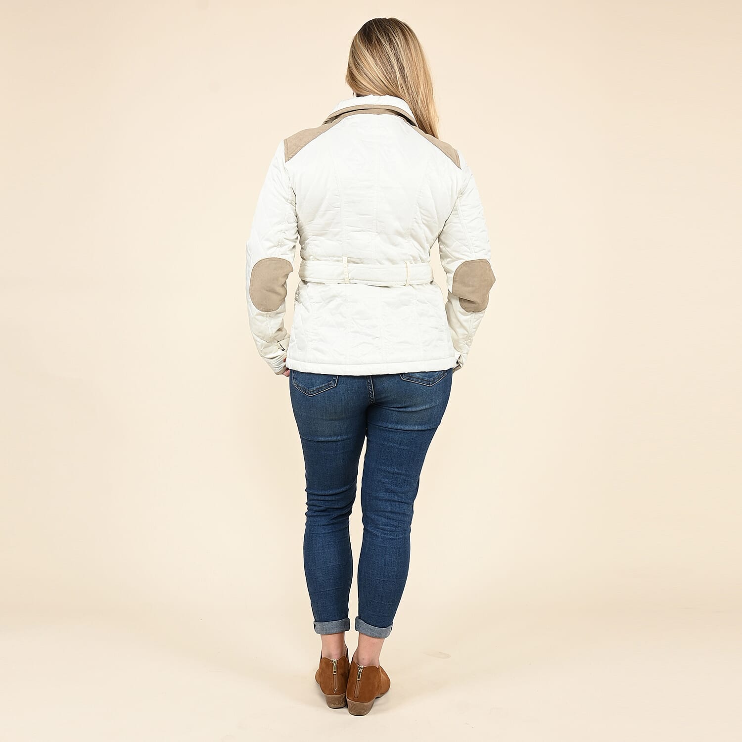 Tamsy White Quilted Jacket with Belt and Stand Collar - Large