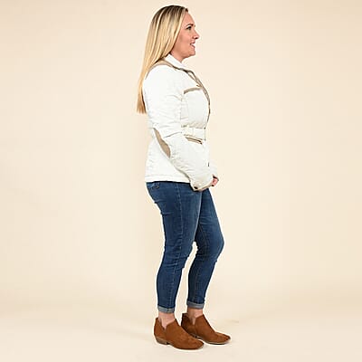 Tamsy White Quilted Jacket with Belt and Stand Collar - Large