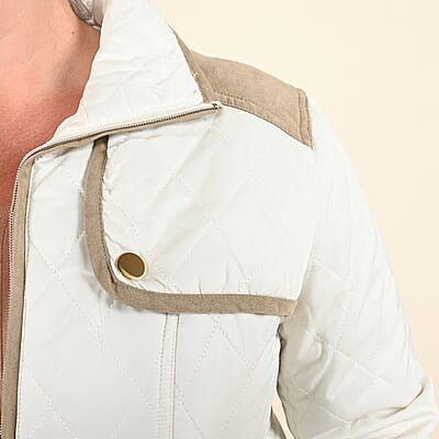 Tamsy White Quilted Jacket with Belt and Stand Collar - Large