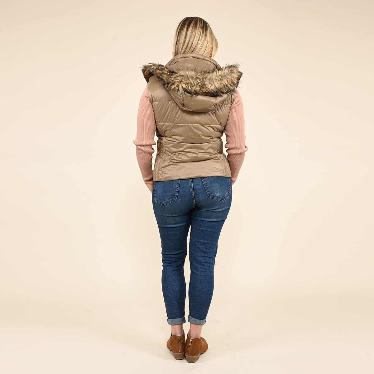 Tamsy Beige Puffer Vest with Faux Fur Hood - Medium image number 1